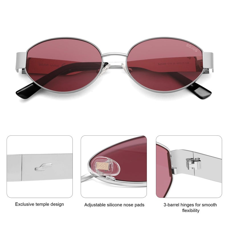 SOJOS Retro Oval Sunglasses for Women Trendy Classic Shades UV400 Protection, Silver/Purple - Image 5