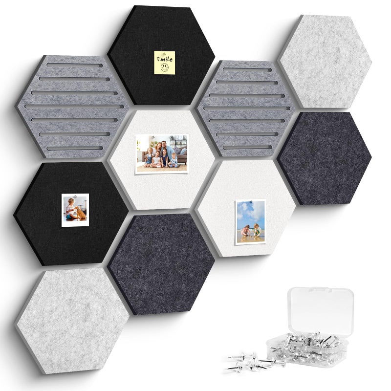Kciplab Hexagon Cork Bulletin Board Tiles, 10 Pack Felt Board with Push Pins, Photo Display Board for Office & Home Classroom Wall Decor - Image 1