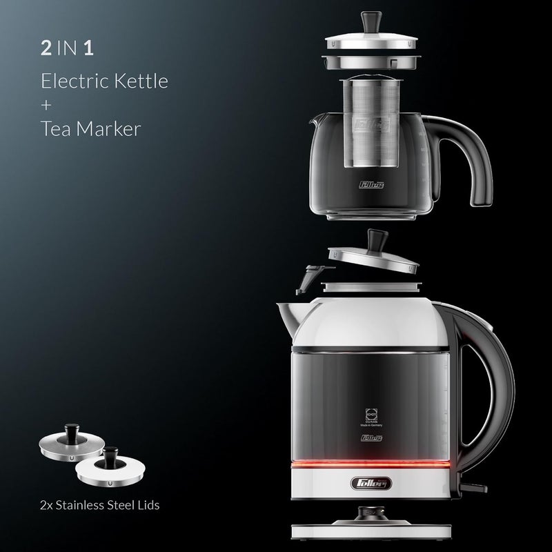 Feller Germany TS289 2-in-1 Tea Maker, 2L German Schott Glass Kettle + 1L Teapot, 2200W Strix Control, Keep Warm, BPA Free, Stainless Steel Filter (White) - 2Y Guarantee-KSA Version - Image 4