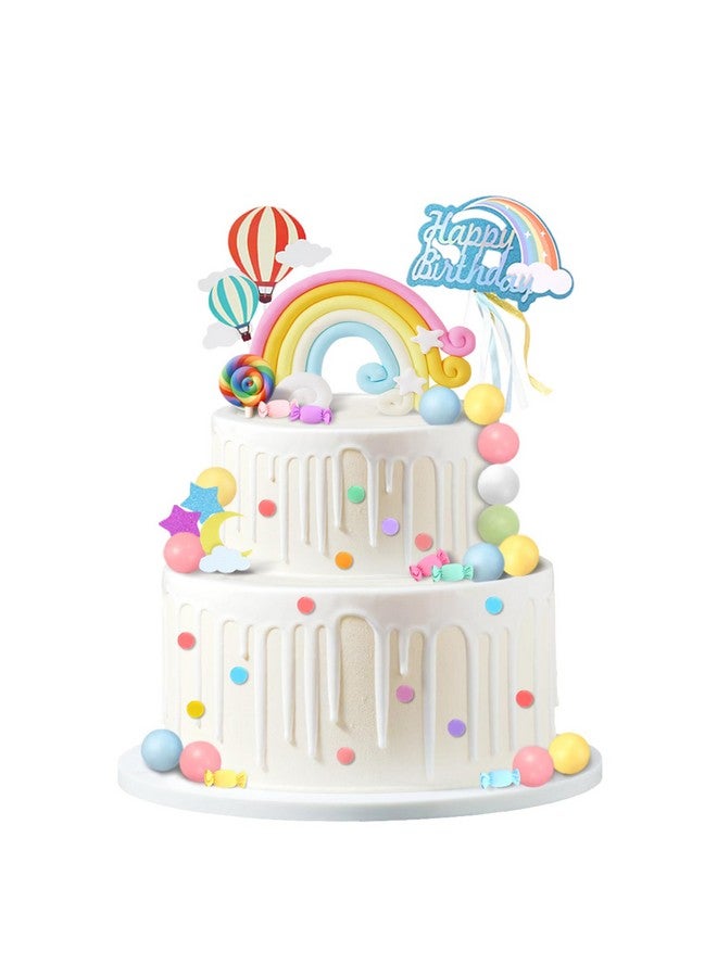 Knana 18Pcs Rainbow Cake Topper Rainbow Cake Decorations Colorful Theme Happy Birthday Cake Topper with Hot Air Balloon Candy for Baby Shower Party Supplies - Image 1