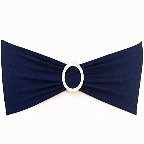 SINSSOWL 100PCS Stretch Wedding Navy Blue Chair Sashes Bands with Buckle Slider Sashes Bow Decorations 25 Colors  Navy Blue