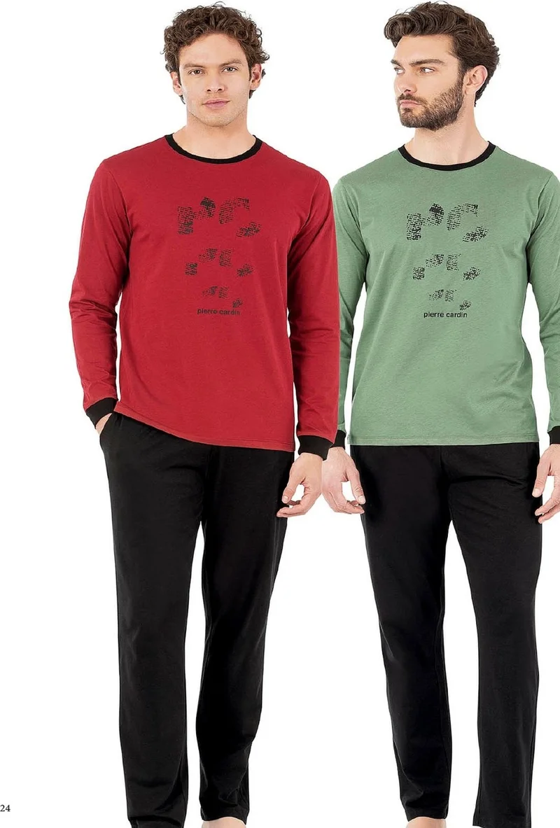 بيير كاردان 6069 Men's Long Sleeve Crew Neck Pajama Set-Burgundy