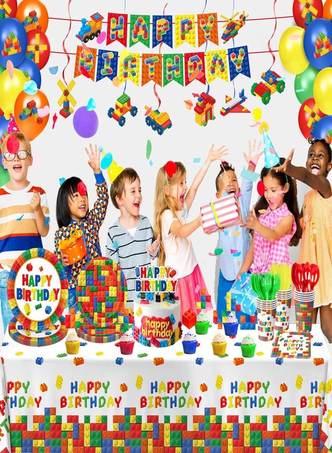 QIYANPAX 173 PCS Building Block Birthday Party Decorations - Plates, Napkins, Cups, Cutlery, Cake & Cupcake Toppers, Banner, Hanging Swirls, Tablecloth, Balloons for Boys' Kids' Birthday Party, Serves 20 - Image 5