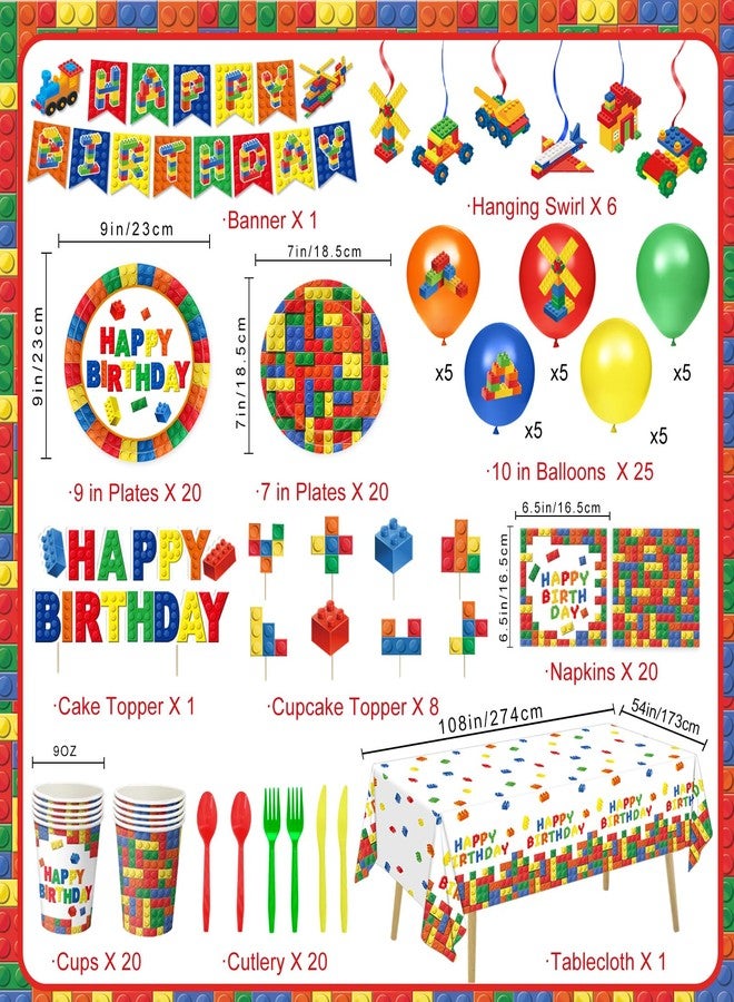 QIYANPAX 173 PCS Building Block Birthday Party Decorations - Plates, Napkins, Cups, Cutlery, Cake & Cupcake Toppers, Banner, Hanging Swirls, Tablecloth, Balloons for Boys' Kids' Birthday Party, Serves 20 - Image 2