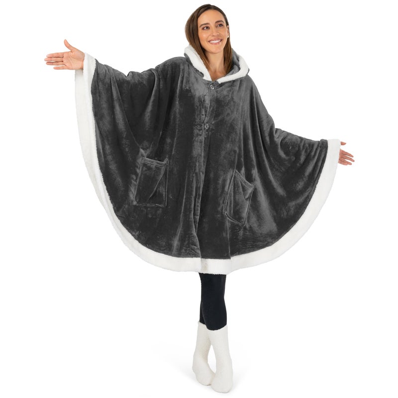PAVILIA Angel Wrap Hooded Blanket, Sherpa Lined Wearable Blanket Women, Cozy Poncho Wrap Throw for Adult, Plush Warm Cape Shawl with Pockets Hood, Gift for Wife Mother, Dark Gray