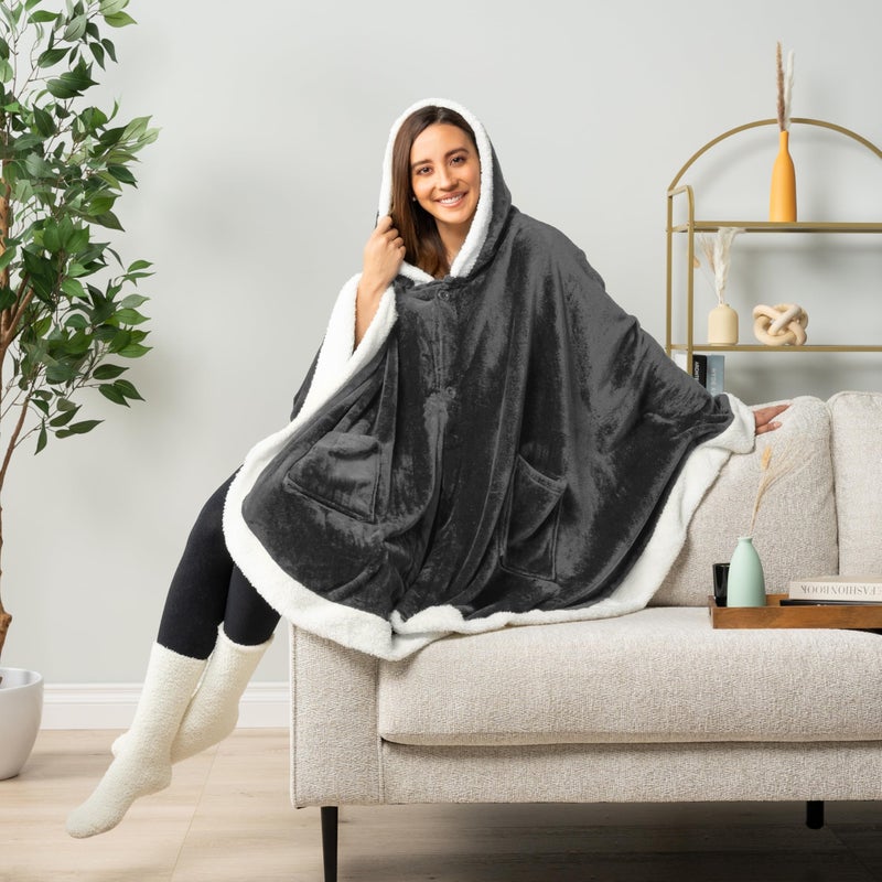 PAVILIA Angel Wrap Hooded Blanket, Sherpa Lined Wearable Blanket Women, Cozy Poncho Wrap Throw for Adult, Plush Warm Cape Shawl with Pockets Hood, Gift for Wife Mother, Dark Gray