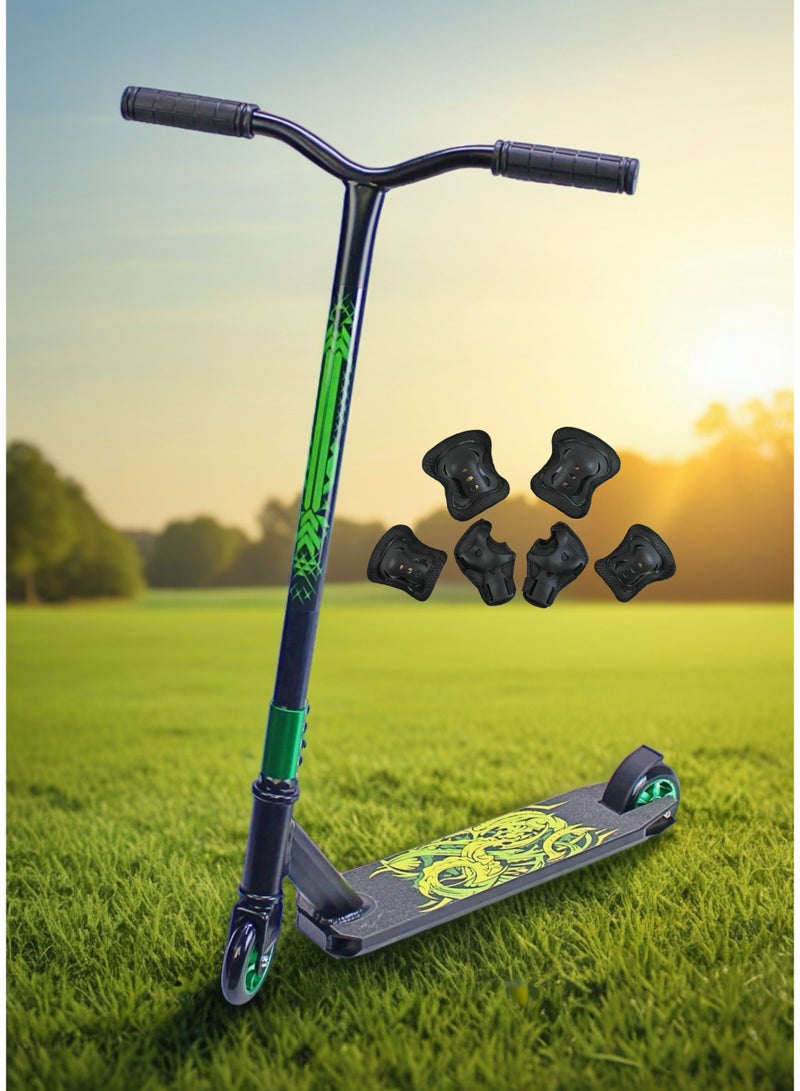 إيزي فيتشور سكوتر حركات بهلوانية بعجلتين من إيزي فيوتشر - سكوتر حركات بهلوانية احترافي بسطح من الألومنيوم وشريط تثبيت، وعجلات معدنية 110 مم، ومقود عريض على شكل حرف T، وفرامل فولاذية، وحركات بهلوانية خفيفة الوزن بزاوية 360 درجة للمبتدئين والمتوسطين، بما في ذلك مجموعة معدات الحماية - Image 1