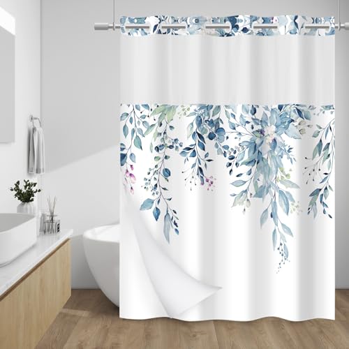 WITHLOC No Hook Shower Curtain with Snap in Liner - Eucalyptus Shower Curtain - Washable Waterproof Inner Liner, Plants Blue Leaves Modern Shower Curtains - Machine Washable, 71 x 74 - Image 1