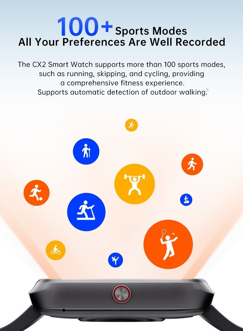 CX2 Smart Watch, Waterproof Bluetooth Calling Smart Wrist Bracelet, Comfortable Quick Charging Activity Tracker With Heart Rate Blood Oxygen Measurement, (1pc, Black) - Image 2