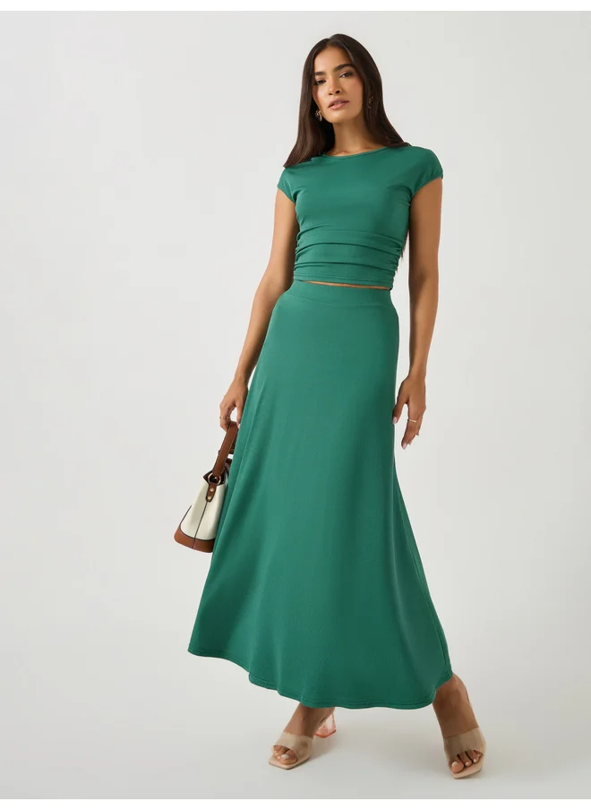 ستايلي Styli Ribbed Short Sleeve Fitted Top and A-Line Skirt Co-Ords