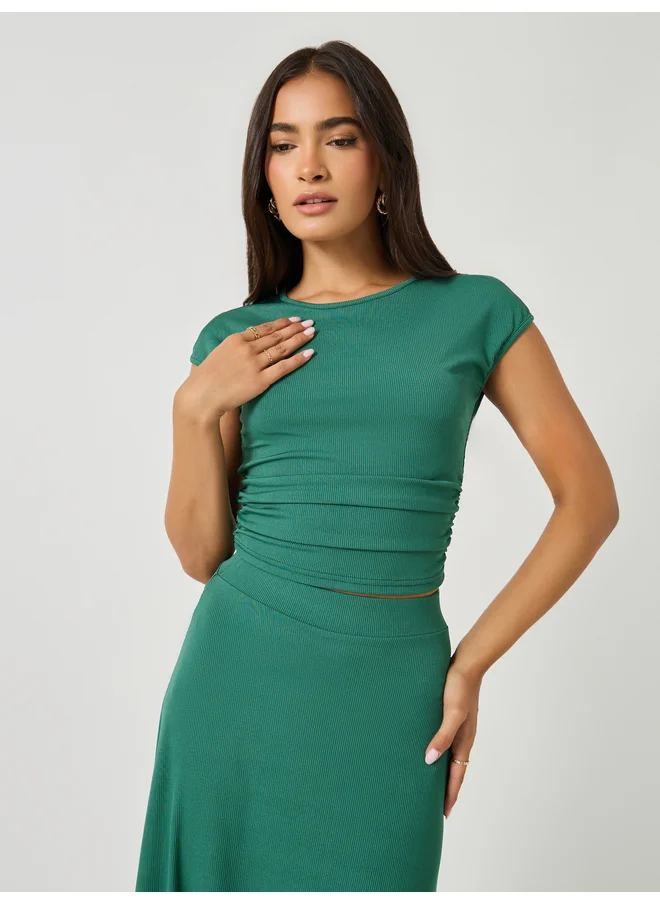 ستايلي Styli Ribbed Short Sleeve Fitted Top and A-Line Skirt Co-Ords