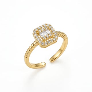 An elegant open gold ring with a square design that combines sparkling cubic zirconia stones with a delicate halo of smaller stones. Its open band makes it adjustable to fit all sizes.