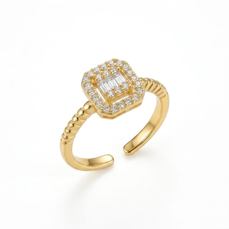 An elegant open gold ring with a square design that combines sparkling cubic zirconia stones with a delicate halo of smaller stones. Its open band makes it adjustable to fit all sizes. - Image 1