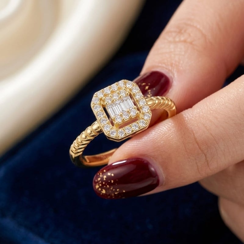 An elegant open gold ring with a square design that combines sparkling cubic zirconia stones with a delicate halo of smaller stones. Its open band makes it adjustable to fit all sizes. - Image 4