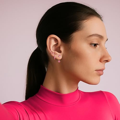 Poxtex Gold Pink Earrings for Women Jewelry, Barbie Hot Pink Women Accessories, October Birthstone Stud Hoop Jacket Gifts - Image 2