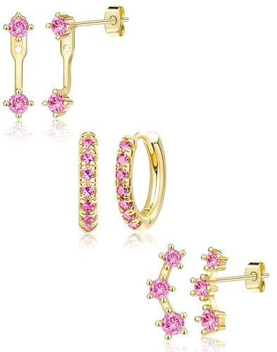 Poxtex Gold Pink Earrings for Women Jewelry, Barbie Hot Pink Women Accessories, October Birthstone Stud Hoop Jacket Gifts - Image 1