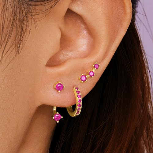 Poxtex Gold Pink Earrings for Women Jewelry, Barbie Hot Pink Women Accessories, October Birthstone Stud Hoop Jacket Gifts - Image 4
