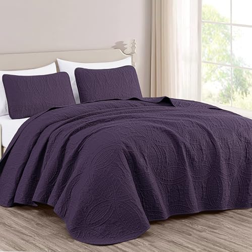 Chezmoi Collection Austin 3-Piece Oversized Bedspread Coverlet Set (King, Purple) - Image 1