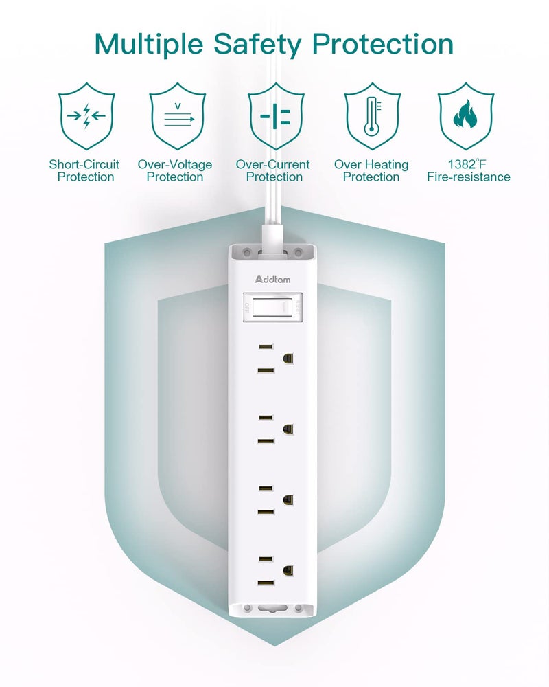Addtam شريط الطاقة ذو القابس المسطح، سلك تمديد فائق النحافة - أددتام 12 مخرج AC متعدد الجوانب، 5 أقدام، واقي من زيادة التيار 1050J، قابل للتثبيت على الحائط، محطة شحن مكتبية لأساسيات المنزل والمكتب وغرف النوم - Image 5