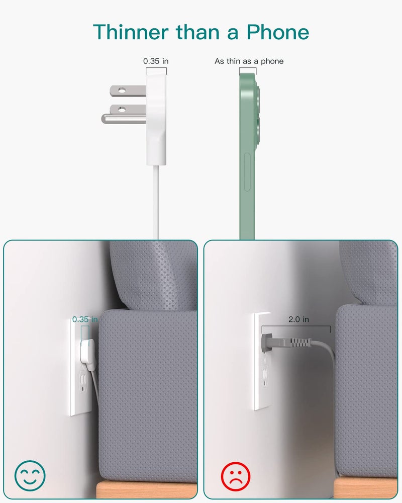 Addtam شريط الطاقة ذو القابس المسطح، سلك تمديد فائق النحافة - أددتام 12 مخرج AC متعدد الجوانب، 5 أقدام، واقي من زيادة التيار 1050J، قابل للتثبيت على الحائط، محطة شحن مكتبية لأساسيات المنزل والمكتب وغرف النوم - Image 2