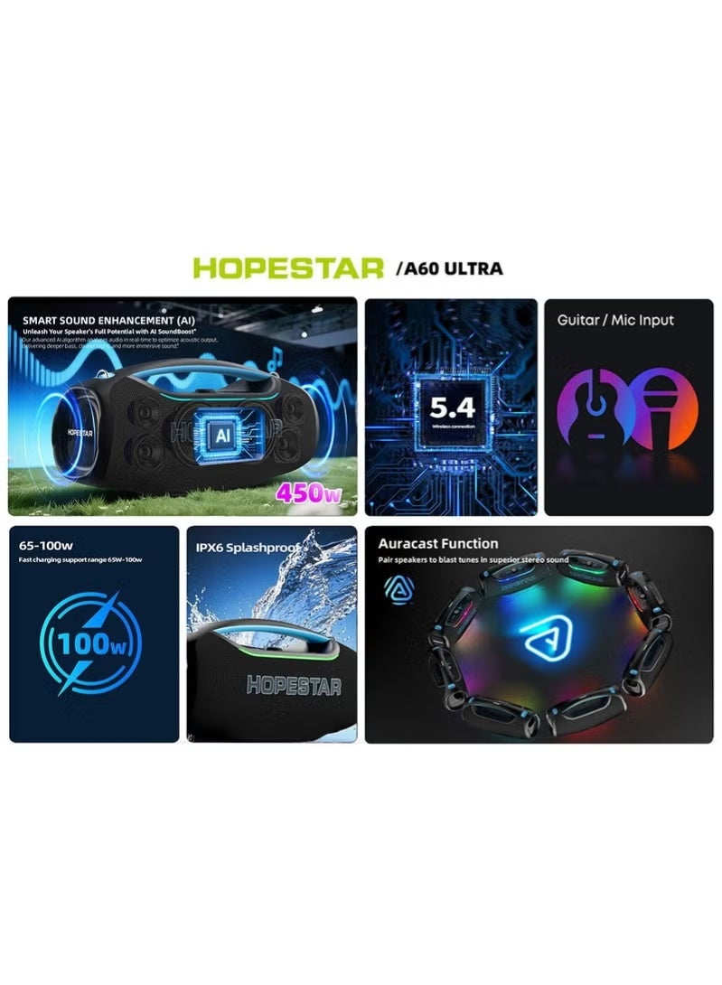 BlueFire HOPESTAR A60 Ultra 450W Bluetooth 5.4 AI Smart Speaker 🔊 | 24-Bit HiFi Audio, Auracast Multi-Link, Bass Boost, RGB Party Lights, Wireless Mic 🎤, IPX6 Waterproof Outdoor Sound System | Detachable 30,000mAh Battery for 8H Playtime - Image 2