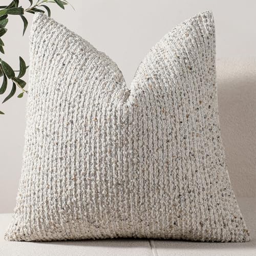 DEZENE 20x20 Cream Grey Throw Pillow Cover Textured Boucle Striped Chic Morden Boho Accent Farmhouse Square Decorative Couch Pillow Cover for Home Decor Bed Sofa Living Room - Image 1