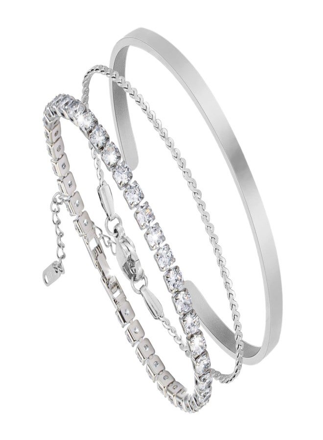MILAKOO 3Pcs Minimalist Cuff Link Bracelets for Women CZ Tennis Bracelet Stackable Chains Cuff Bangle - Image 1