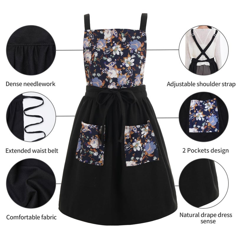 Pinknoke Vintage Pinafore Apron Dress for Women with Pockets Cute Floral Chef Aprons for Kitchen Cooking Baking Gardening (Black) - Image 5