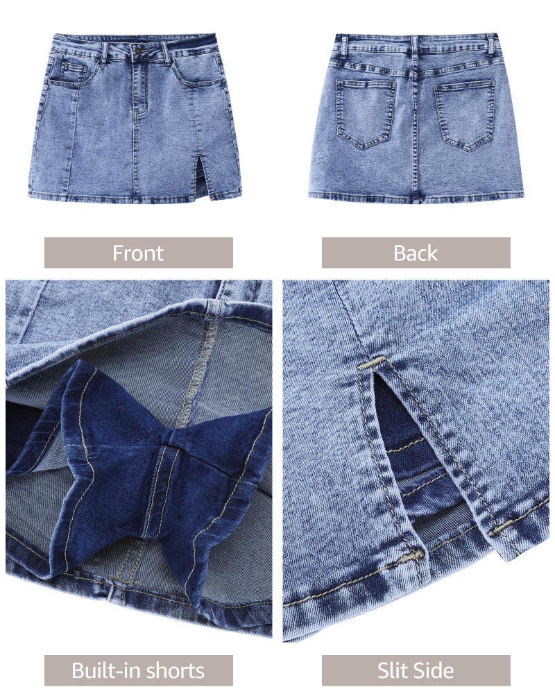 luvamia Skorts Skirts for Women Denim Mini Skirt Side Slit with High Waisted Jean Shorts Stretchy Womens Skort High Waisted Jean Shorts Bay Blue X-Large Size 16-18 - Image 5