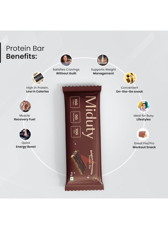 Miduty High Protein Bars - 15g Whey Protein Isolate, 0g Added Sugar, 10g Fiber - No Soy, No Peanuts - Belgium Chocolate Flavor For Fitness, Weight Management (Chocolate) 65g - Image 3