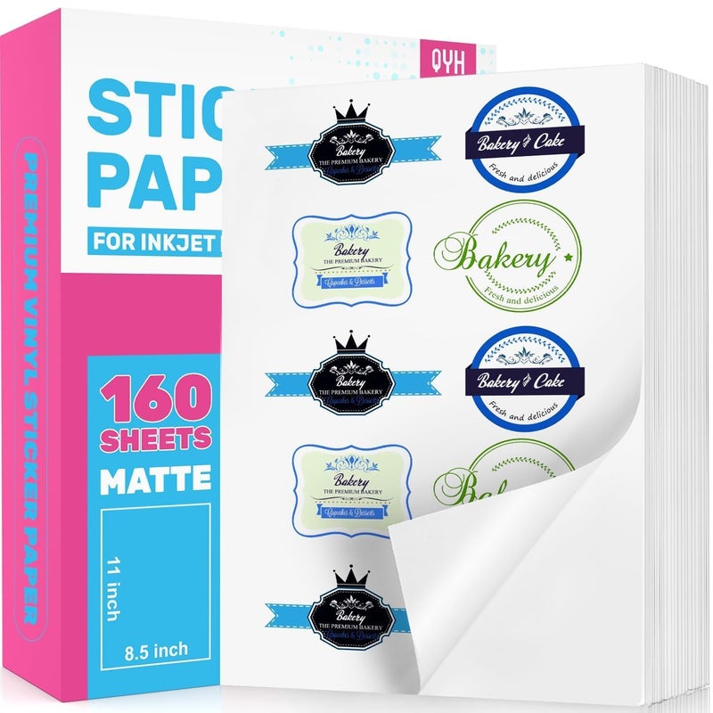 QYH Printable Sticker Paper for Printer - Matte Waterproof White Vinyl, 160 Sheets 8.5x11in Bulk Stickers for Small Business/Home, Compatible with Cricut/Silhouette & Inkjet/Laser Printers - Image 1