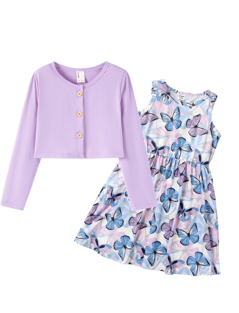 PATPAT Toddler Girl Dress 2 Piece Girl Sleeveless Dress and Cotton Cardigan Set with Pockets, Purple Butterfly, 5-6 Years - Image 1