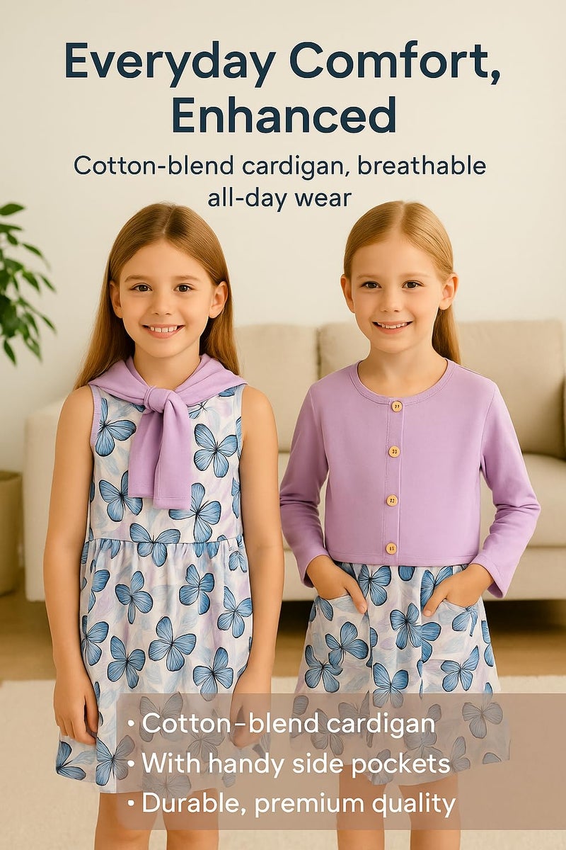 PATPAT Toddler Girl Dress 2 Piece Girl Sleeveless Dress and Cotton Cardigan Set with Pockets, Purple Butterfly, 5-6 Years - Image 3