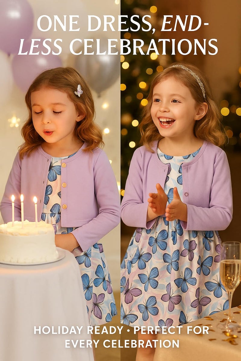PATPAT Toddler Girl Dress 2 Piece Girl Sleeveless Dress and Cotton Cardigan Set with Pockets, Purple Butterfly, 5-6 Years - Image 5