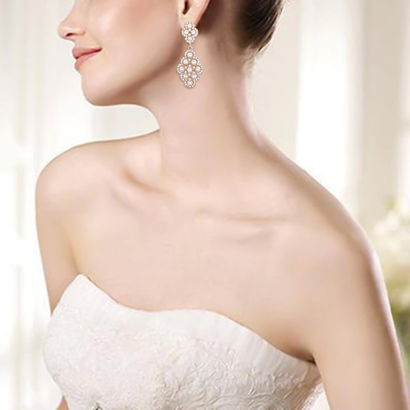 BriLove Wedding Bridal Clip On Earrings for Women Rhombus Crystal Simulated Pearl Hollow Chandelier Dangle Earrings Clear Gold-Toned - Image 2