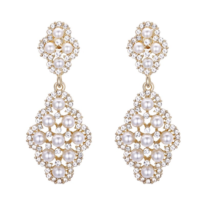 BriLove Wedding Bridal Clip On Earrings for Women Rhombus Crystal Simulated Pearl Hollow Chandelier Dangle Earrings Clear Gold-Toned - Image 1