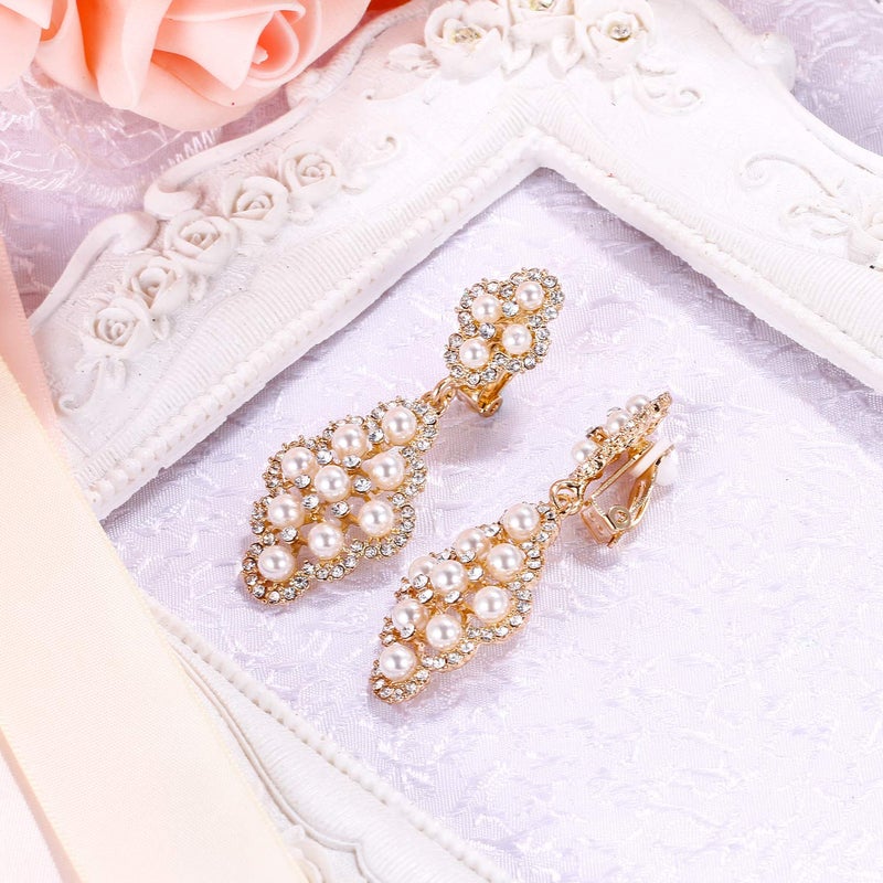 BriLove Wedding Bridal Clip On Earrings for Women Rhombus Crystal Simulated Pearl Hollow Chandelier Dangle Earrings Clear Gold-Toned - Image 4