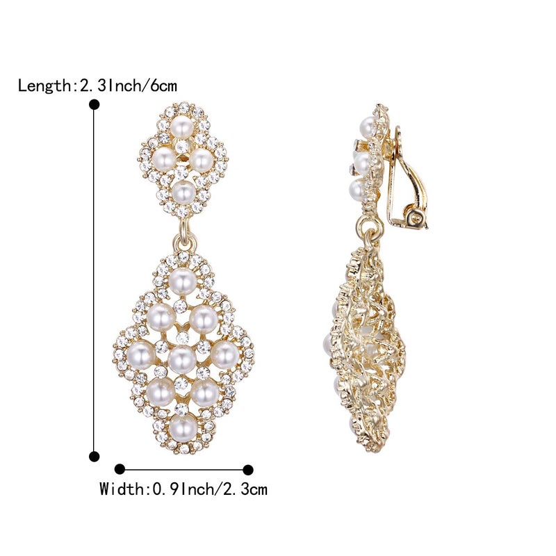 BriLove Wedding Bridal Clip On Earrings for Women Rhombus Crystal Simulated Pearl Hollow Chandelier Dangle Earrings Clear Gold-Toned - Image 5