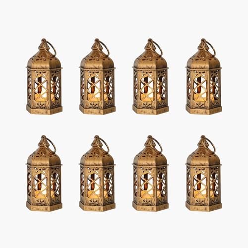 Reperla 8-Pack Mini Lanterns, Small Decorative Lanterns with Flickering LED Candles for Ramadan, Christmas, Wedding, Hanging Moroccan Lantern, Table Centerpiece, Baby Shower Decorations, Bronze - Image 1