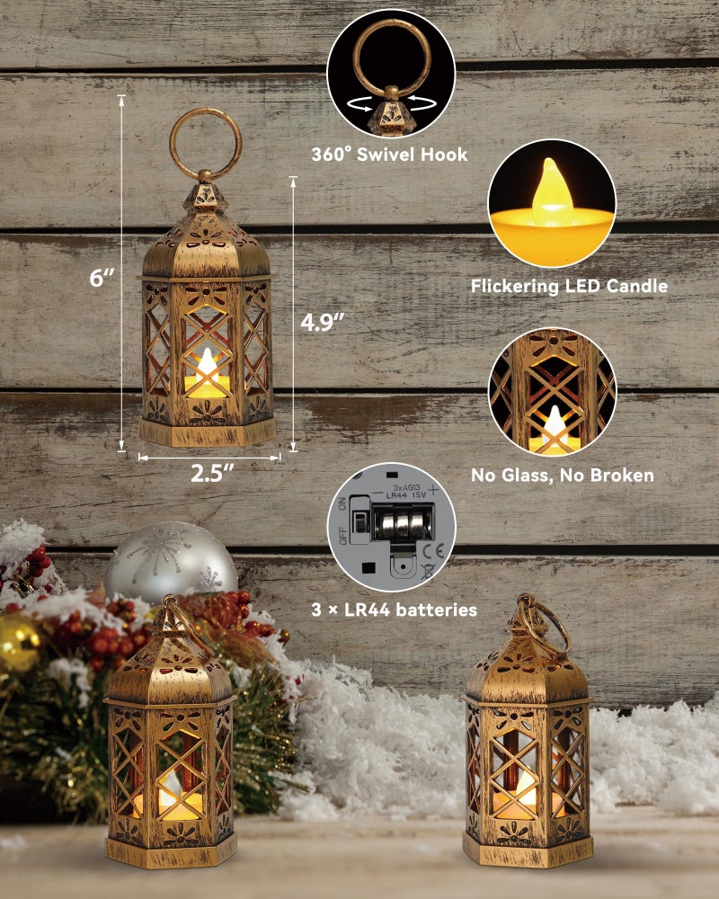 Reperla 8-Pack Mini Lanterns, Small Decorative Lanterns with Flickering LED Candles for Ramadan, Christmas, Wedding, Hanging Moroccan Lantern, Table Centerpiece, Baby Shower Decorations, Bronze - Image 2