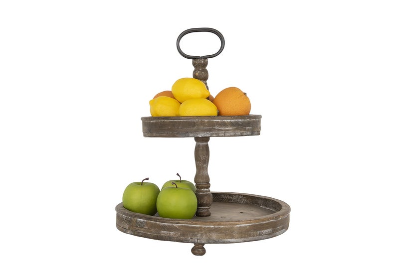 Creative Co-op Distressed Brown Wood 2-Tier Tray with Metal Handle - Image 4