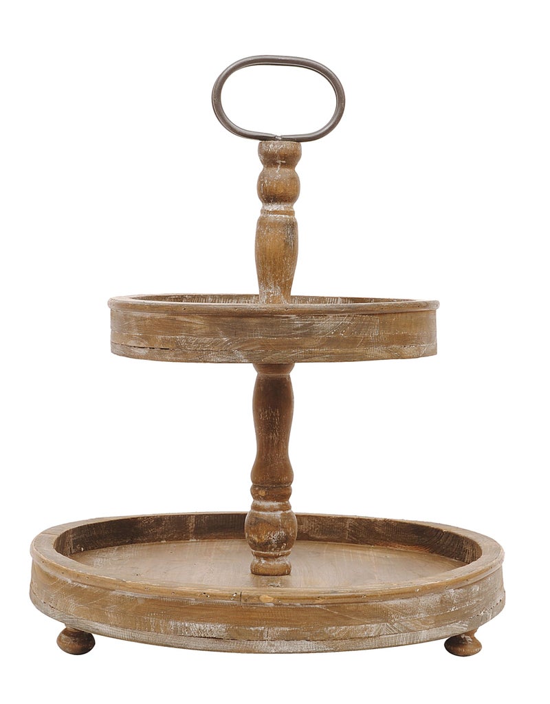 Creative Co-op Distressed Brown Wood 2-Tier Tray with Metal Handle - Image 3