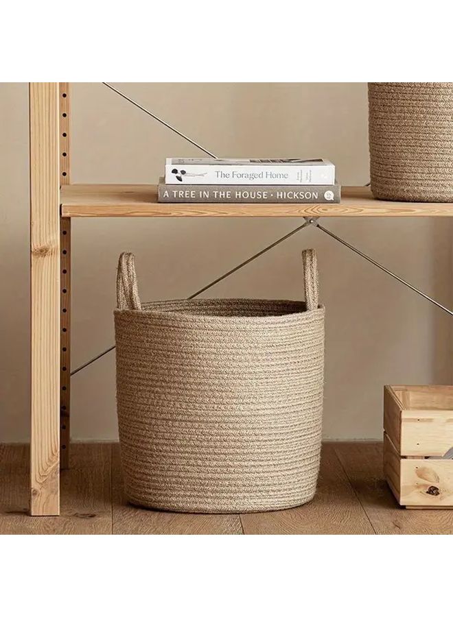 Khaki Foldable Cotton Rope Laundry Basket Small Size 25x20 Round Woven Clothes Hamper Storage Organizer - Image 2