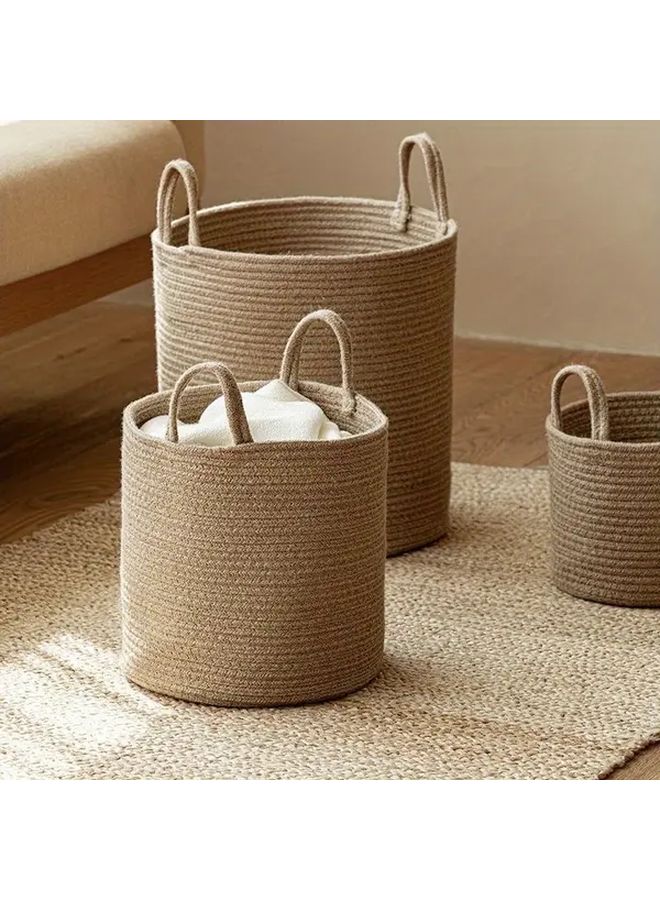Khaki Foldable Cotton Rope Laundry Basket Small Size 25x20 Round Woven Clothes Hamper Storage Organizer - Image 1