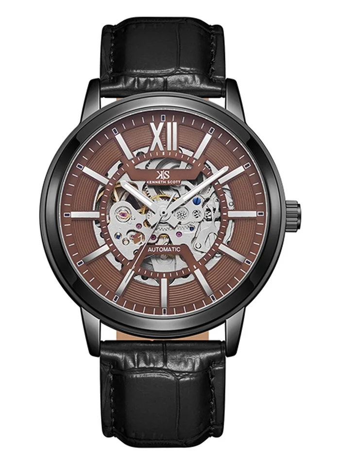KENNETH SCOTT Kenneth Scott K24323-BLBH Men's Automatic  Display Watch & Leather  Strap Black