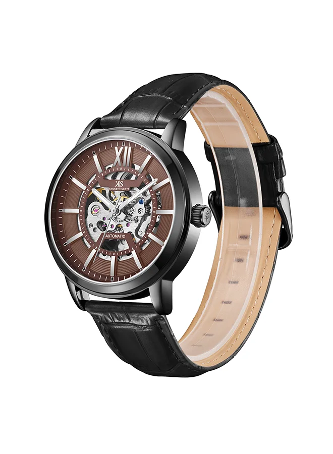 KENNETH SCOTT Men's Automatic  Display Watch With Black Leather  Strap - K24323-BLBH