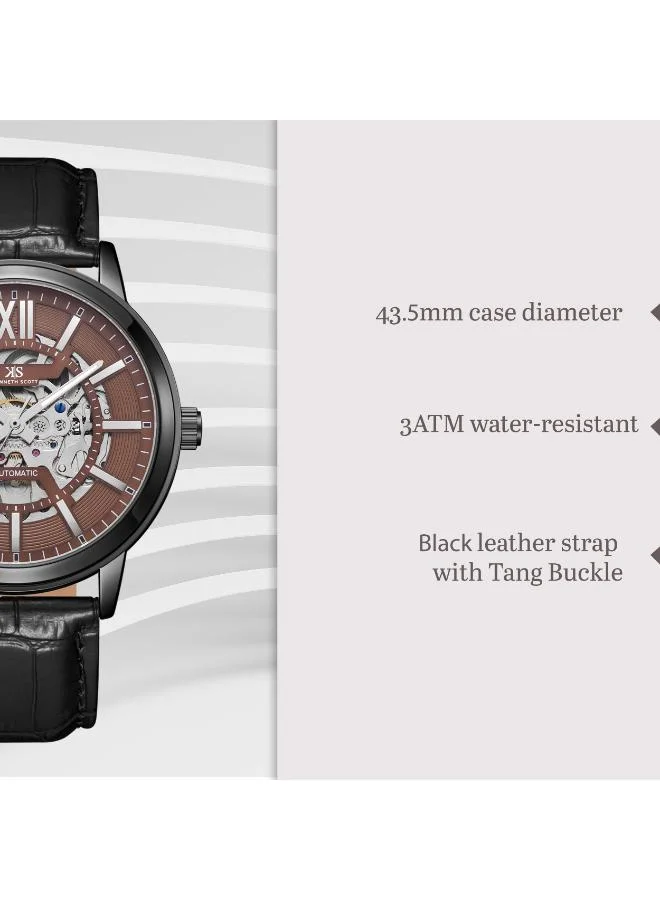 KENNETH SCOTT Men's Automatic  Display Watch With Black Leather  Strap - K24323-BLBH