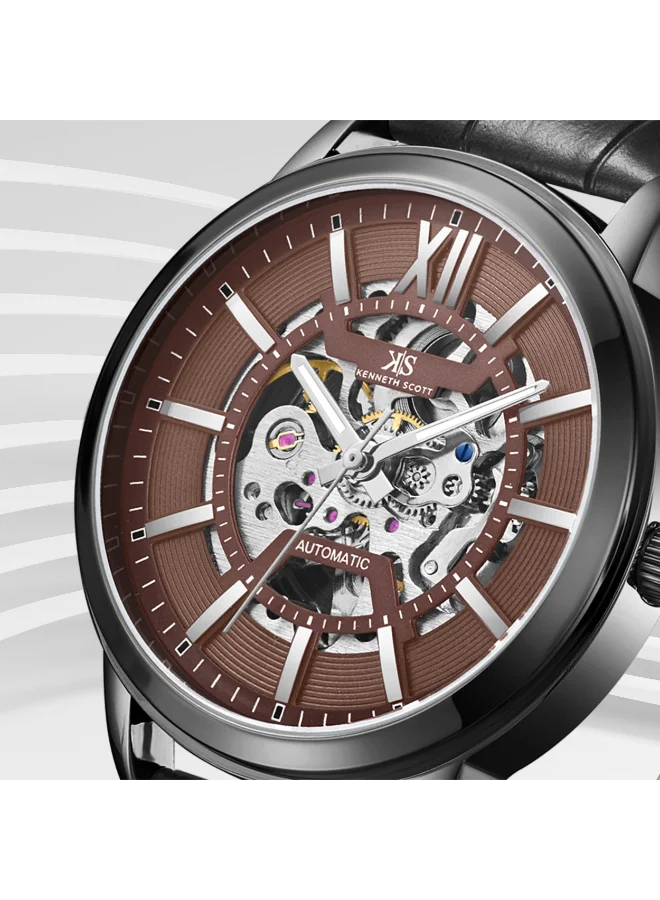 KENNETH SCOTT Men's Automatic  Display Watch With Black Leather  Strap - K24323-BLBH