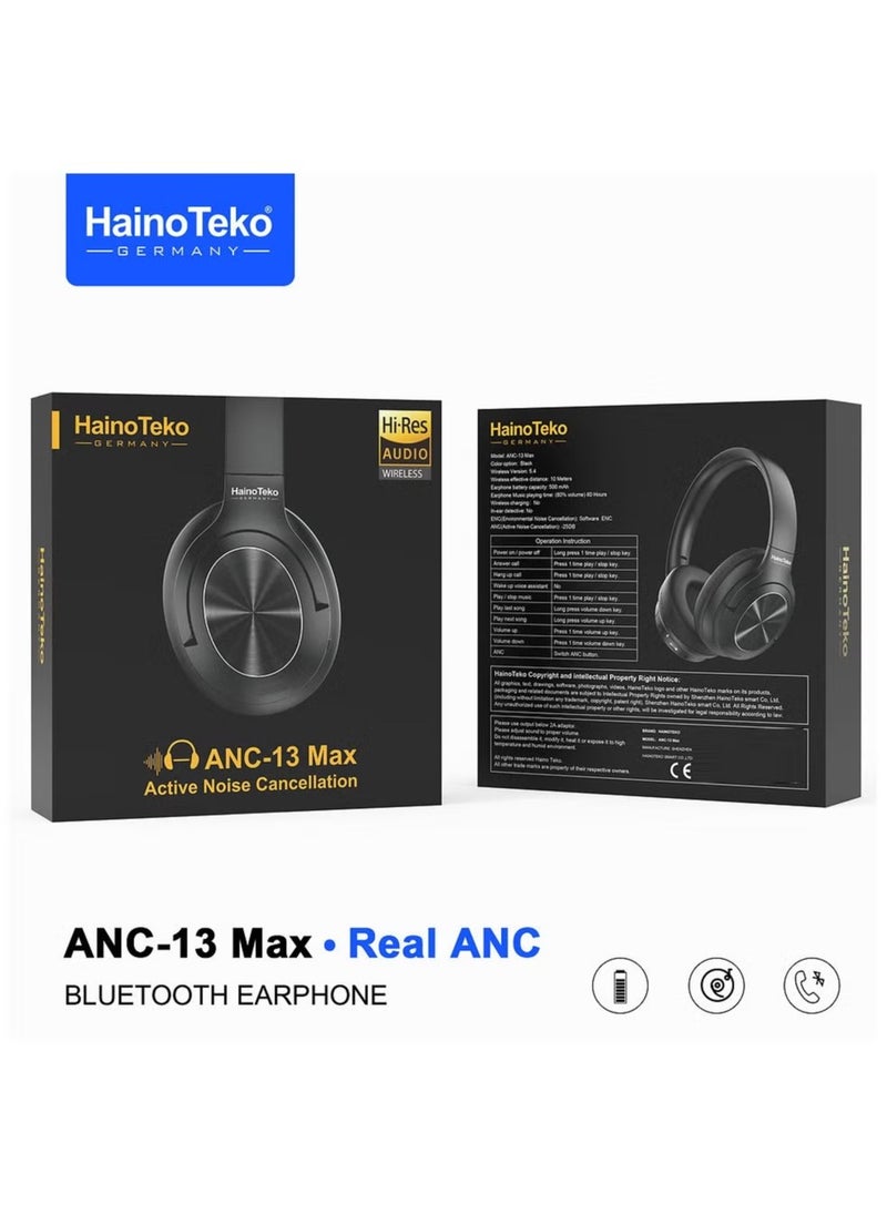 Haino Teko - ANC-13 Max Wireless Bluetooth Headphones with Real Active Noise Cancellation, High-Resolution Audio, Multi-Functional Button Control, Comfortable & Stylish Design – Black - Image 1