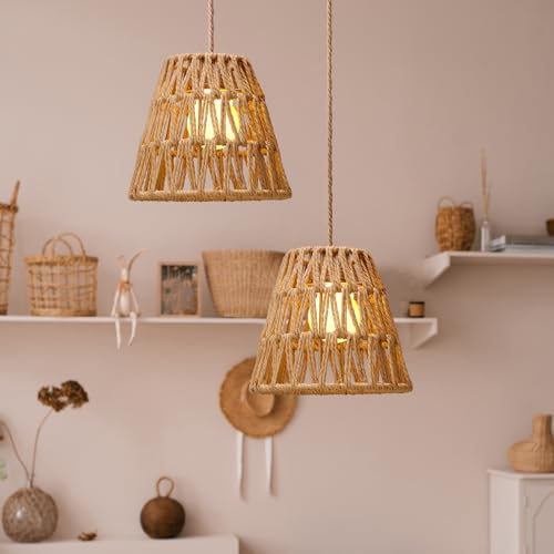 Tujoe 6 Pcs Small Rattan Bell Lamp Shade Boho Handwoven Barrel Rattan Chandelier Shades Replacement for Table Floor Lamp Pendant Light Fixtures, 5.5" H x 5.9" D, 2.76" Fitter - Image 4